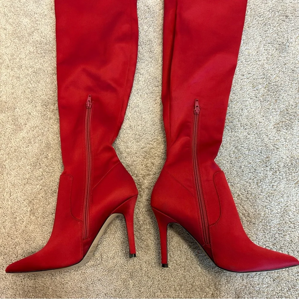 Aldo red satin stiletto thigh high over the knee high heel boots Sz 7